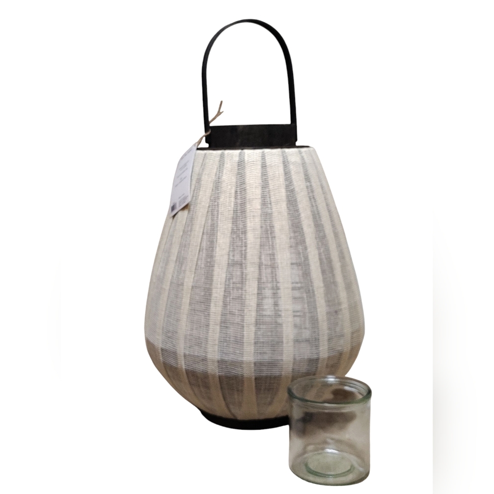 Lone Elm Studios 16.4" Wood Lantern With Fabric Cover And Glass Candle Holder